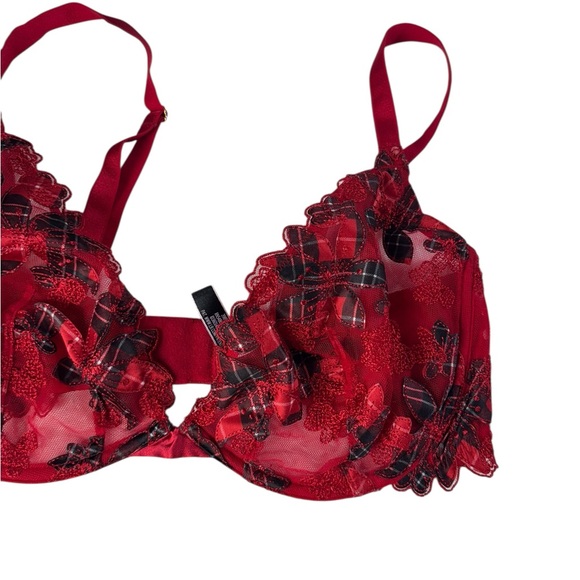 Victoria’s Secret Low Cut Demi Bra 36DD Red Lace Sheer Festival Sexy Unlined - Picture 2 of 4